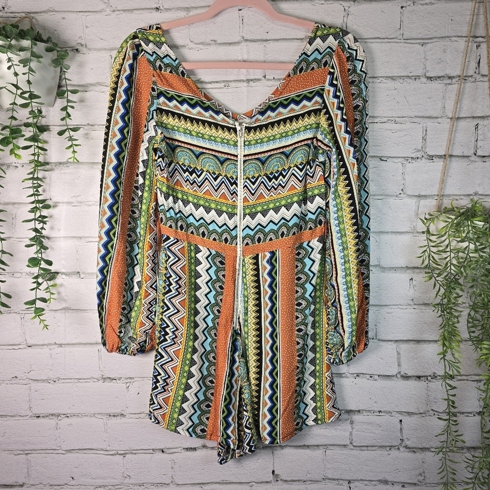 HOT AND DELICIOUS MULTCOLORED V-NECK ROMPER LONG BELL SLEEVE HIPPIE BOHO SMALL - Picture 4 of 7